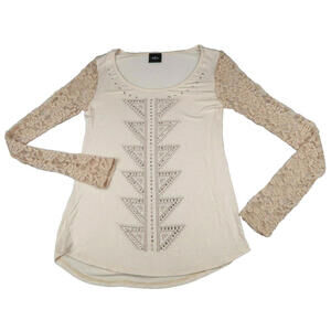 Daytrip Womens Scoop Neck Beige T Shirt Blouse Lace Sleeves Sequins S?
